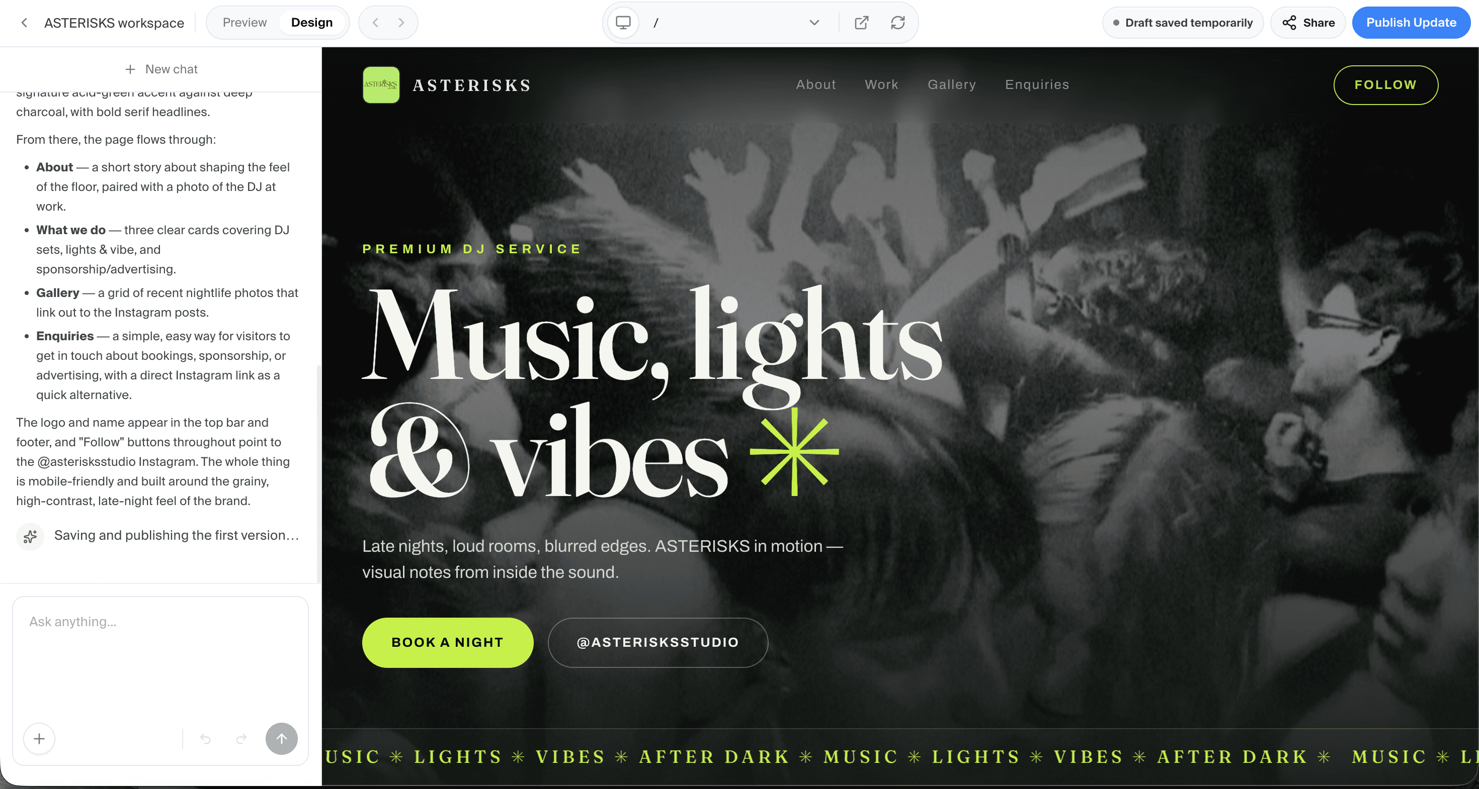 Asterisks Studio workspace showing a generated site draft and editing assistant